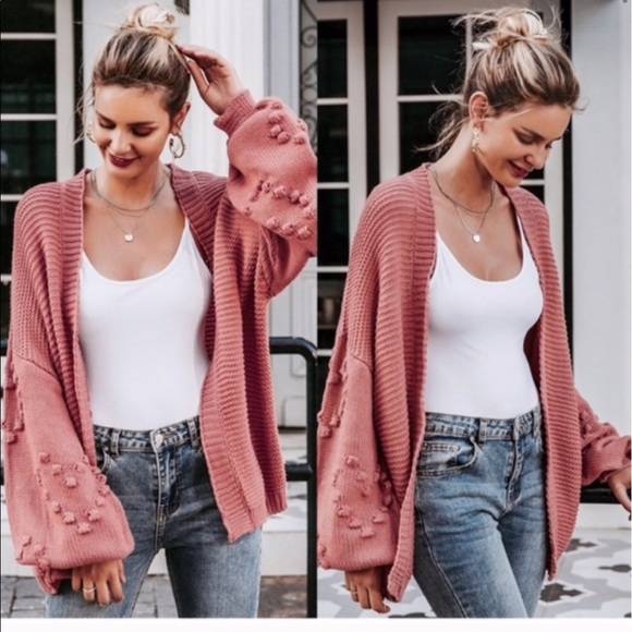 Balloon Sleeve Knit Cardigan - PINK - Picture 7 of 9